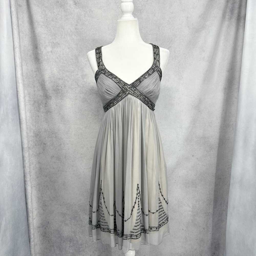 Y2K Adrianna Papell Evening Grey Silk Beaded Sequin Cocktail Dress Size 6 NEW